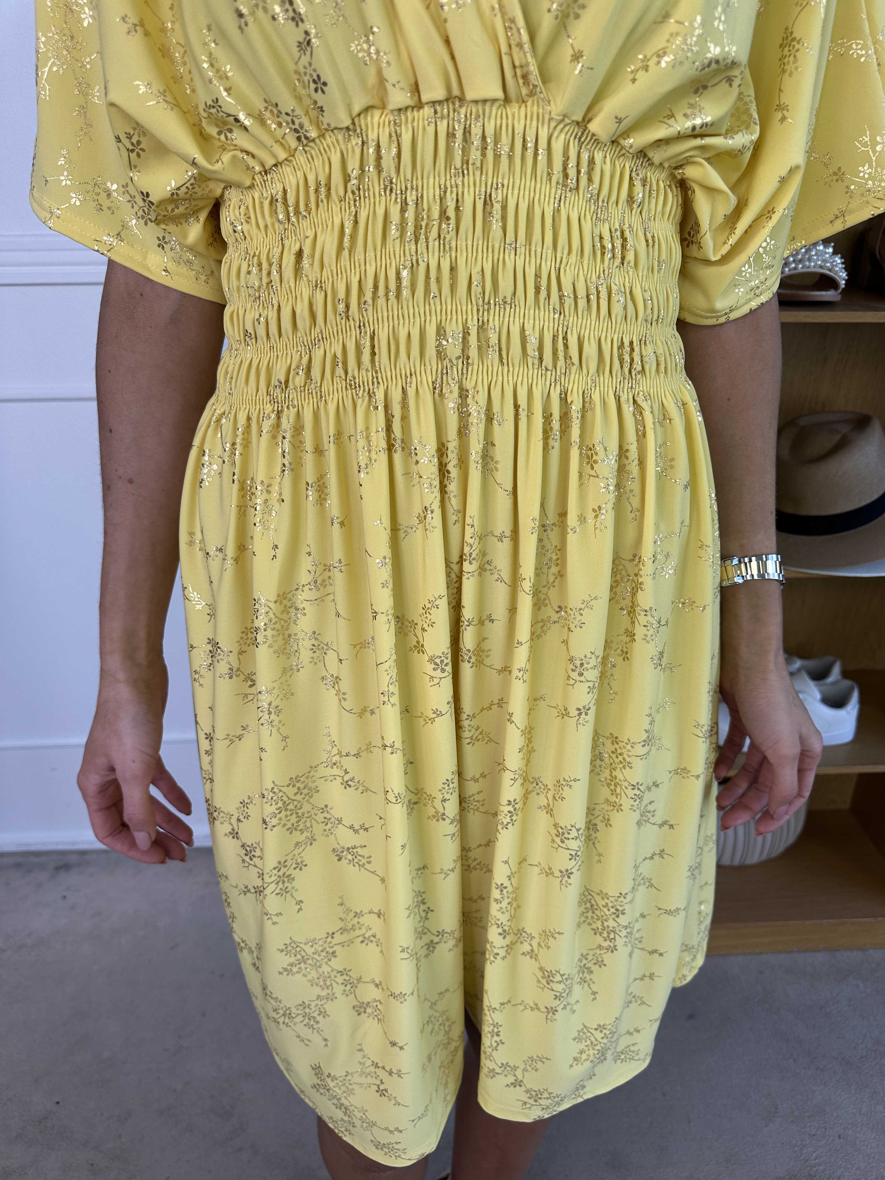 Pams Gold Short - Elastisk kjole detaljeret med guld blomster